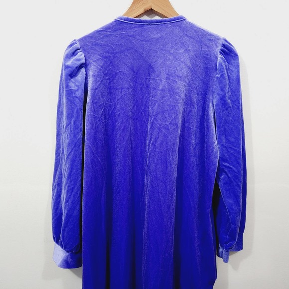 Vintage Anne Leslie Velvet Nightgown House Dress Blurple Half-Zip Lace Pocket - Picture 3 of 15